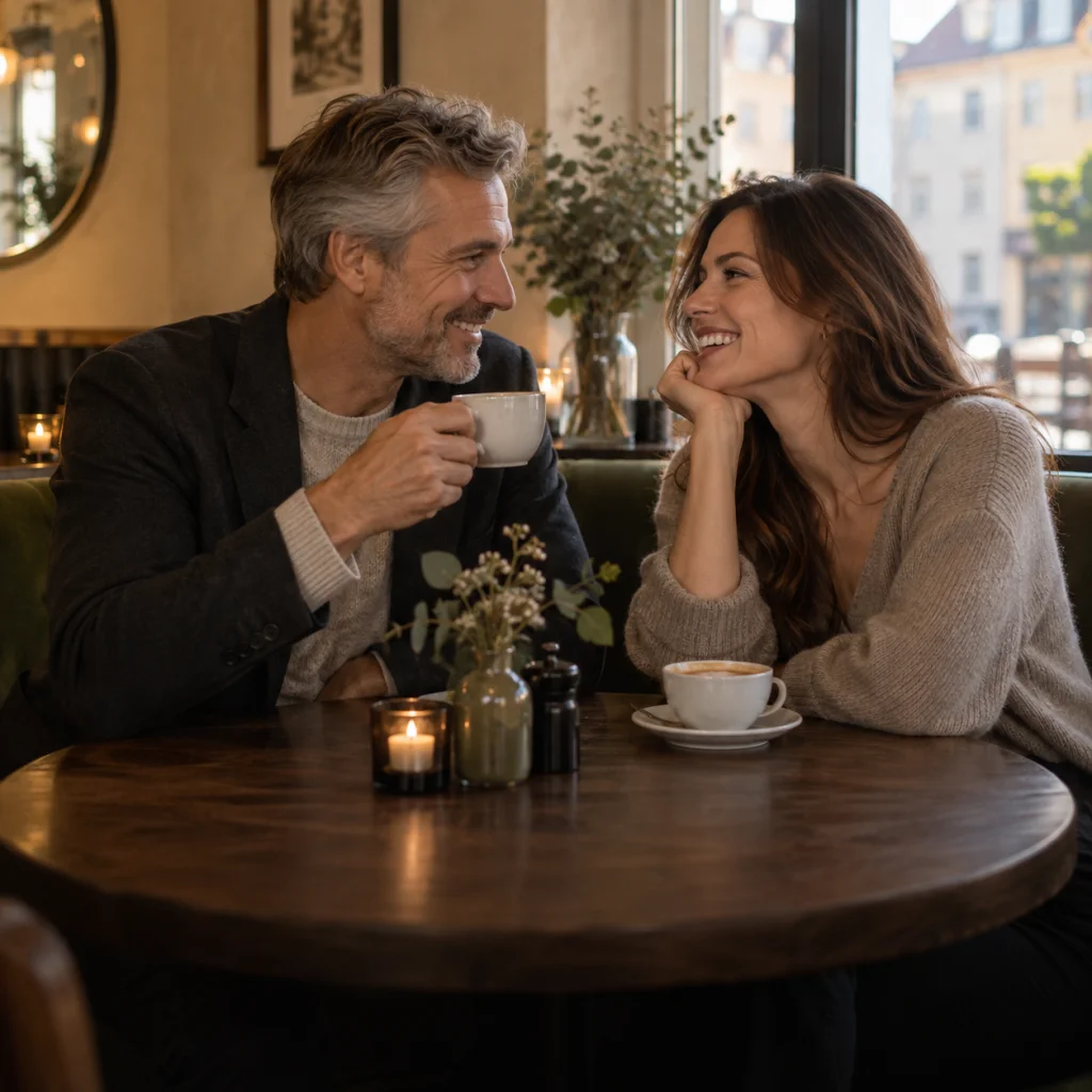 To voksne deler en varm samtale over kaffe i en hyggelig café